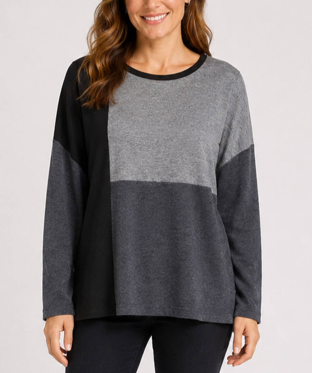 Eileen Fisher XL Merino Wool Sweater Black Gray Colorblock Long Sleeve Travel